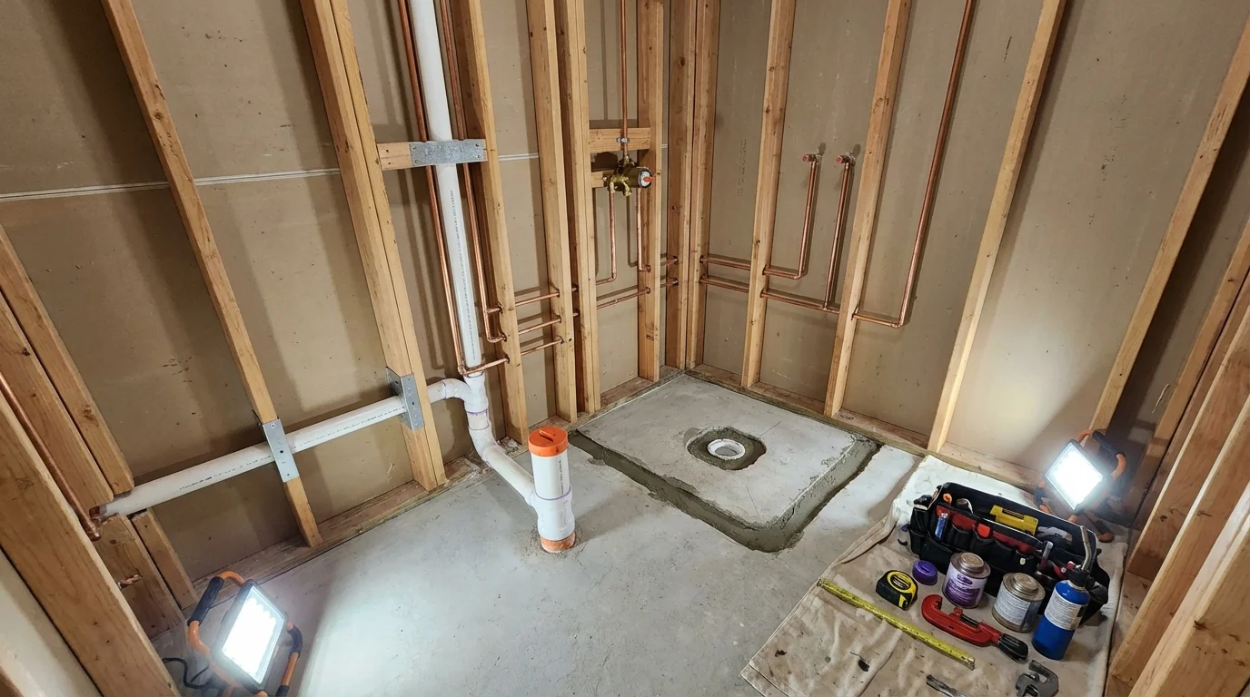 Bathroom rough-in plumbing during remodel by Johns Plumbing LLC in Russells Point