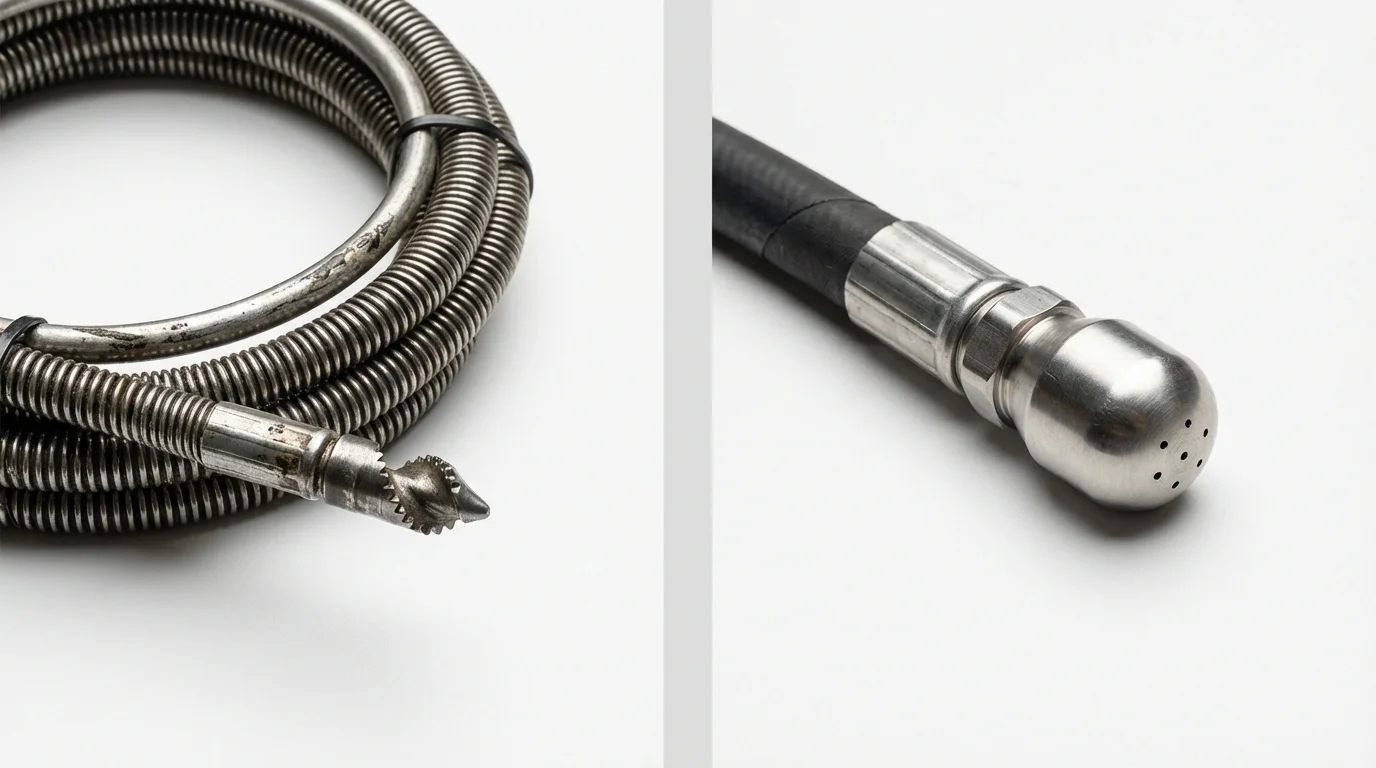 Drain snake cable and hydro jetting nozzle used for drain cleaning in Russells Point, OH