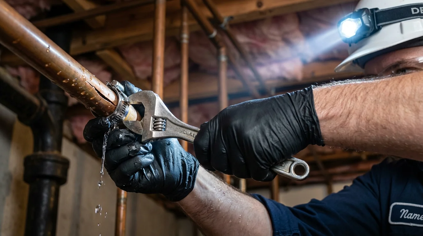 Emergency pipe clamp repair being performed by a Johns Plumbing LLC plumber in Russells Point