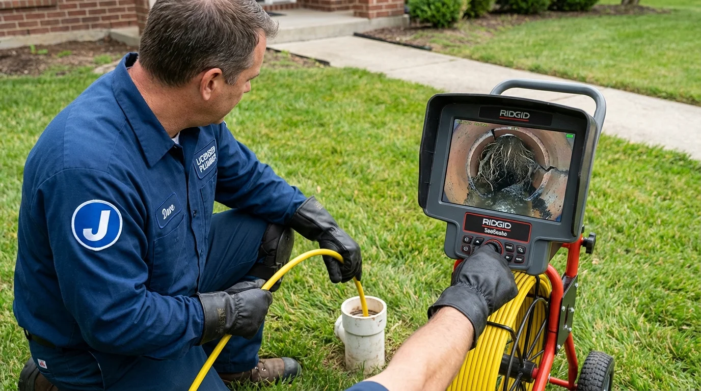 Sewer camera inspection being performed by Johns Plumbing LLC in Russells Point