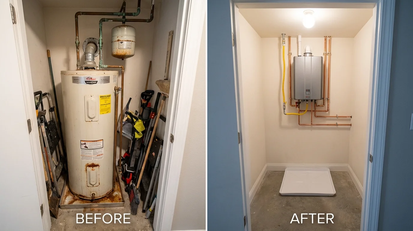 Tank water heater versus wall-mounted tankless unit comparison for Russells Point, OH homeowners