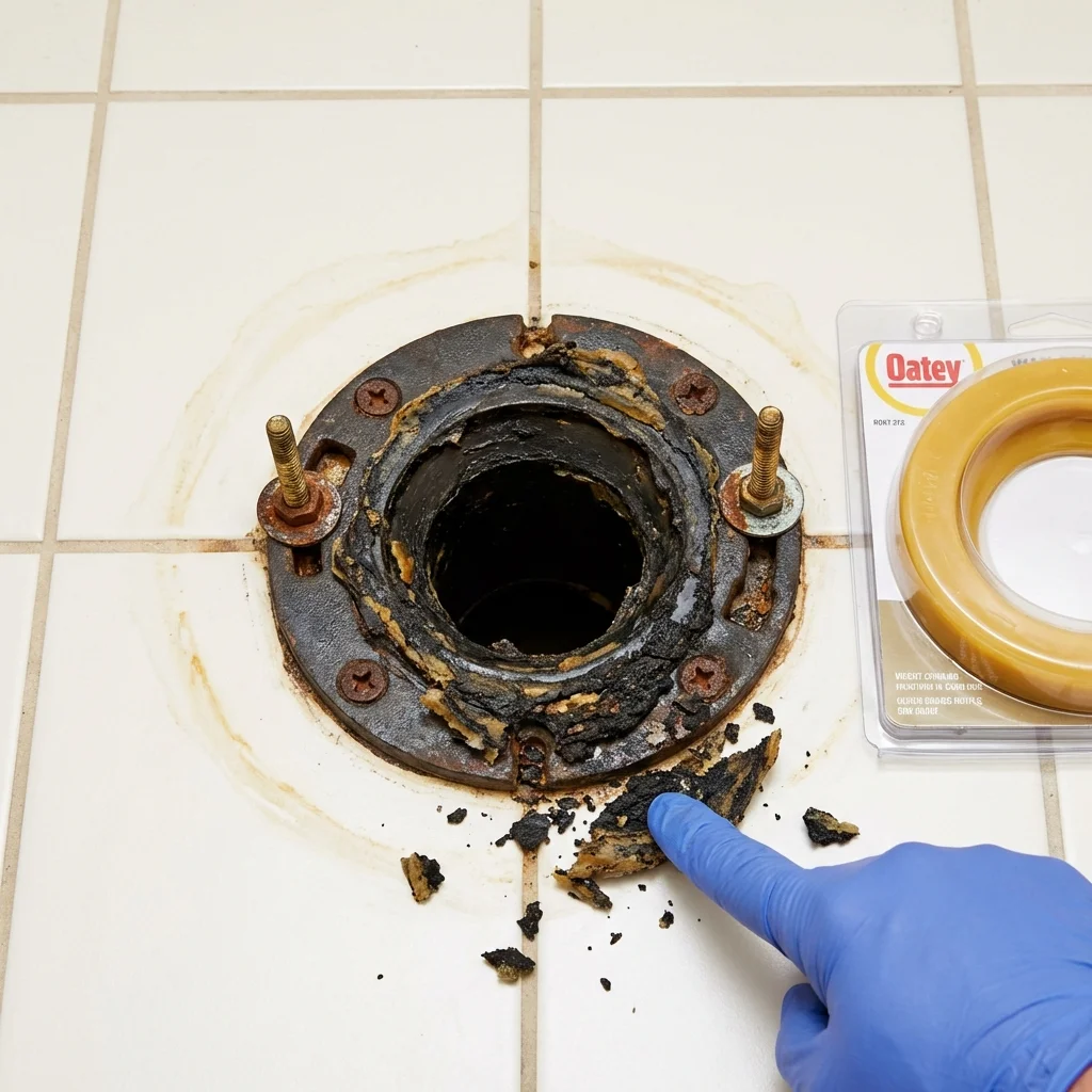 Failed wax ring showing water seepage at the base of a toilet in a Russells Point, OH home