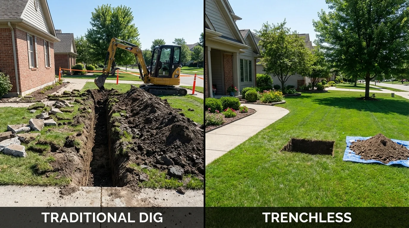 Trenchless sewer repair with minimal yard damage versus traditional excavation in Russells Point, OH