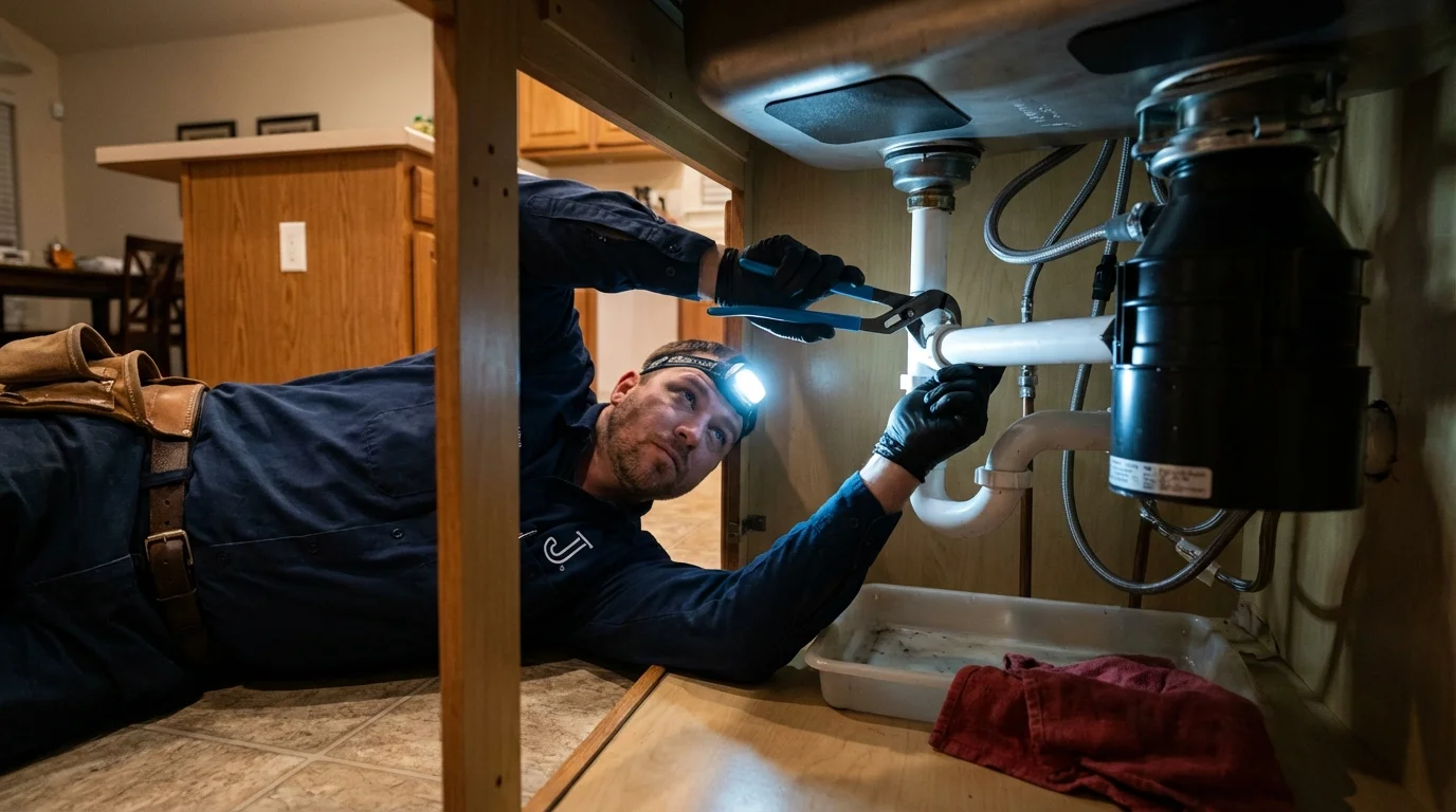 P-trap and supply line connections under a kitchen sink showing a common leak point in Russells Point, OH